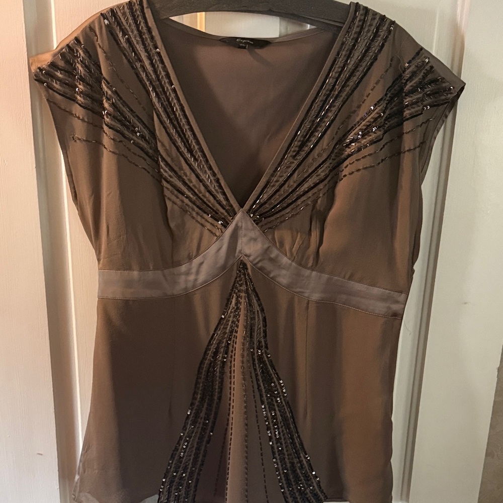 Express Brown Beaded V-neck Blouse